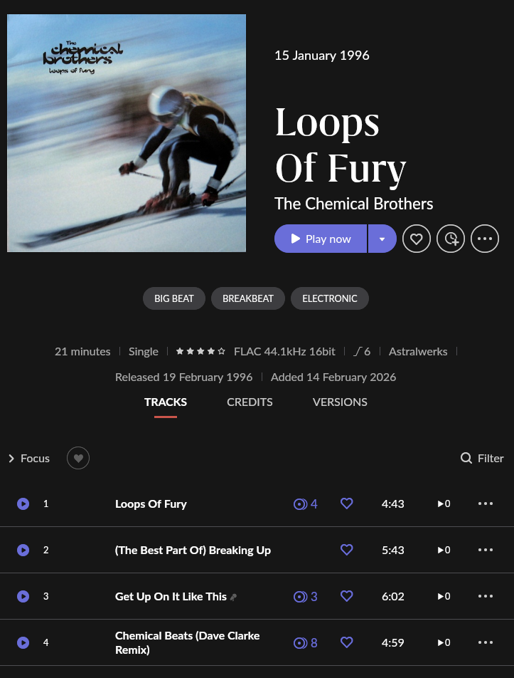 Loops Of Fury album page in Roon: cover, title, The Chemical Brothers, Big Beat, Breakbeat and Electronic genre tags, Astralwerks label, and four tracks